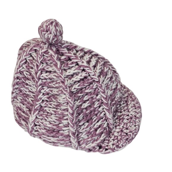 Ladies OS Fall Winter Warm Cozy Cable Knit Wool Riding Cap Purple White Pom Pom - Picture 6 of 16